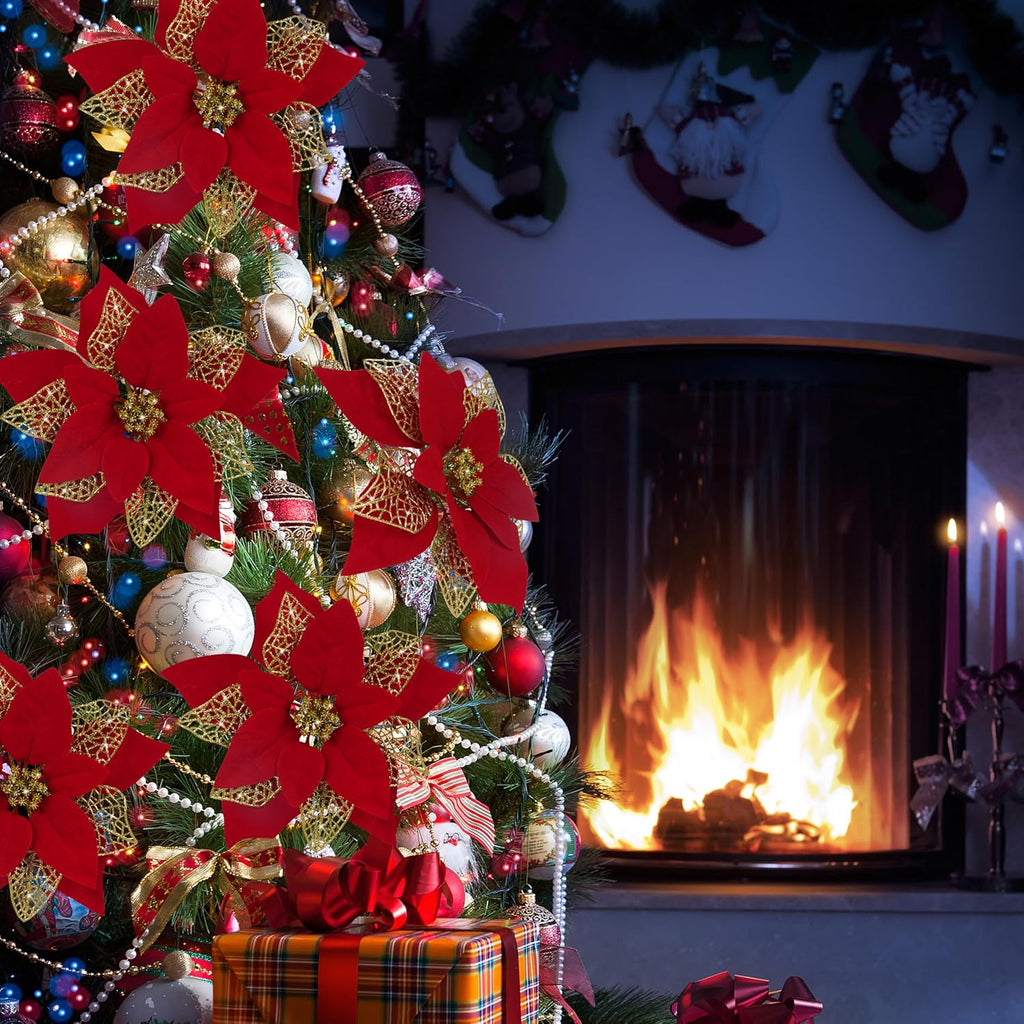 12 PCS Poinsettia Flower Artificial Poinsettia Christmas Decoration 8.7'' Red Glitter Poinsettias Christmas Ornaments Christmas Tree Flower Decor with Clips DIY Xmas Wreath Holiday Home Party Decor