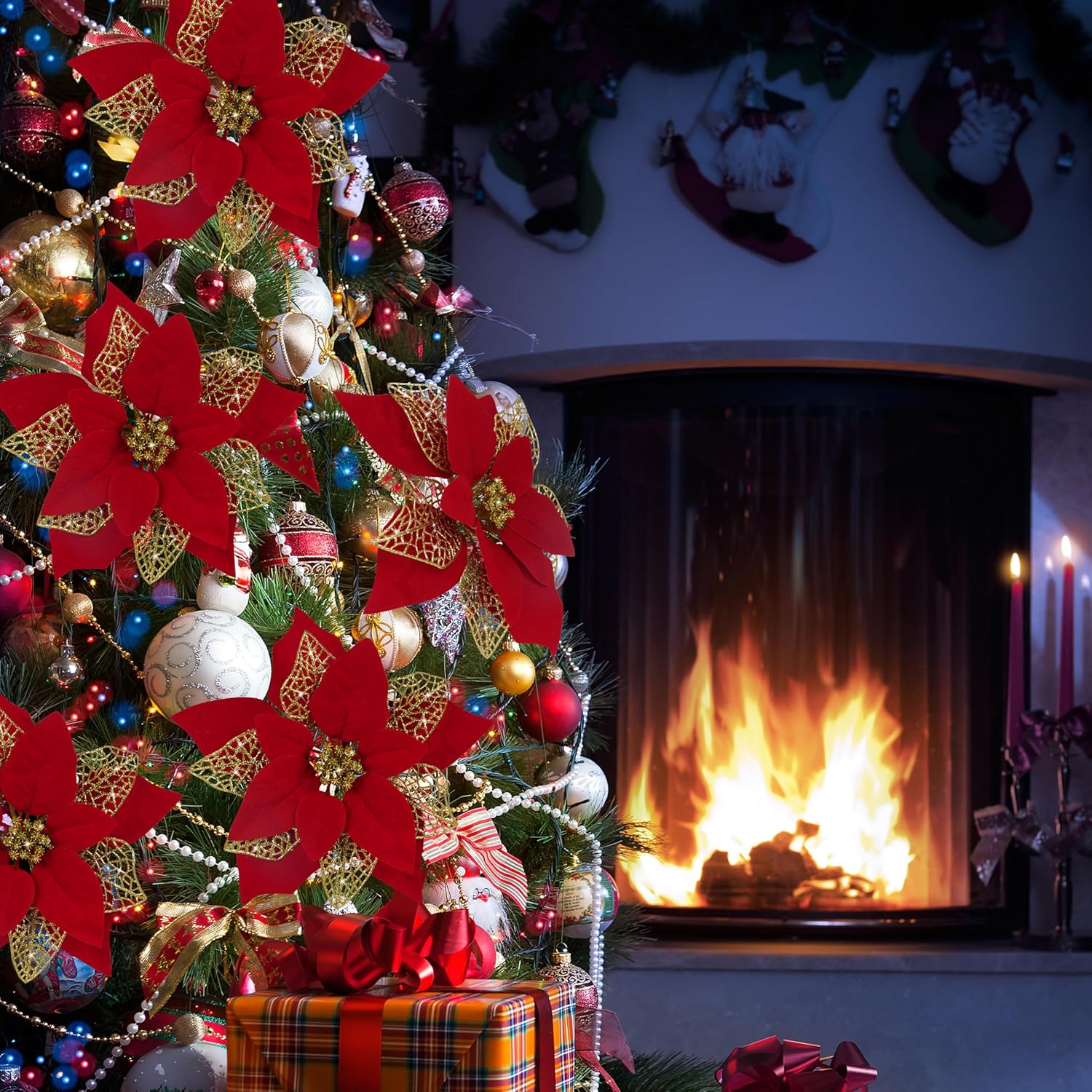 12 PCS Poinsettia Flower Artificial Poinsettia Christmas Decoration 8.7'' Red Glitter Poinsettias Christmas Ornaments Christmas Tree Flower Decor with Clips DIY Xmas Wreath Holiday Home Party Decor
