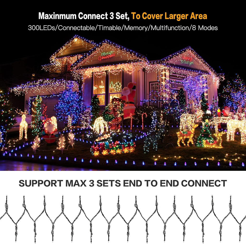AmyHomie Multicolor Christmas Lights Outdoor, 300LED Lights with 8 Lighting Modes, End to End Connectable Fairy String Lights for Indoor Outdoor Christmas Decoration