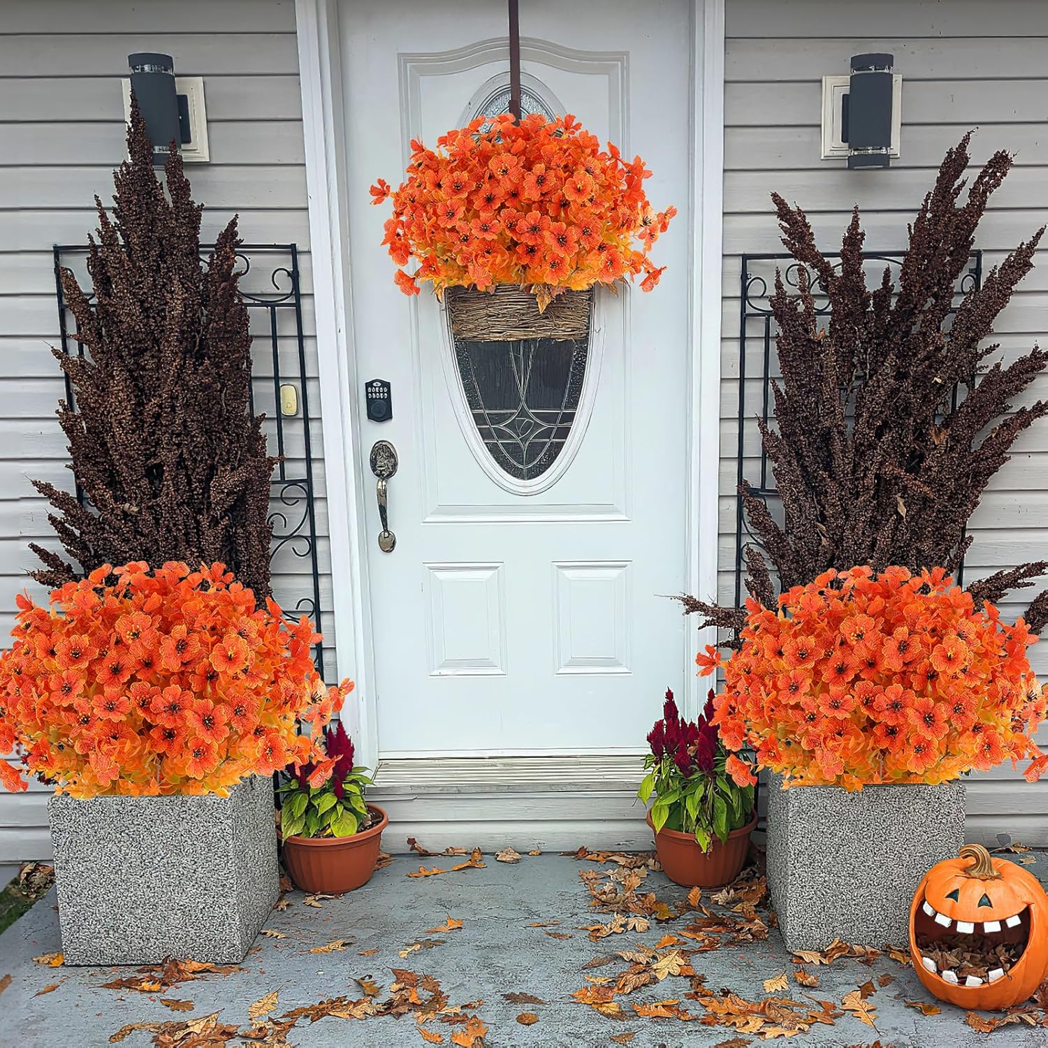AmyHomie 16 Bundles Fall Orange Artificial Flowers for Outdoor Fall Decor UV Resistant Faux Flowers No Fade Fake Plastic Plants Garden Porch Window Box Decorating