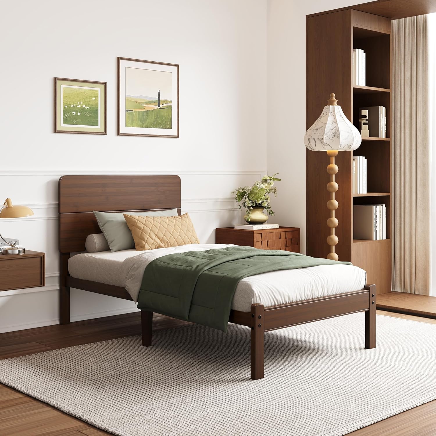 14in High Solid Bamboo Wood Platform Twin XL Bed Frame with Headboard, Reinforced Heavy Duty Metal Slats, Noise Free, No Box Spring Needed, Easy Assembly, Walnut