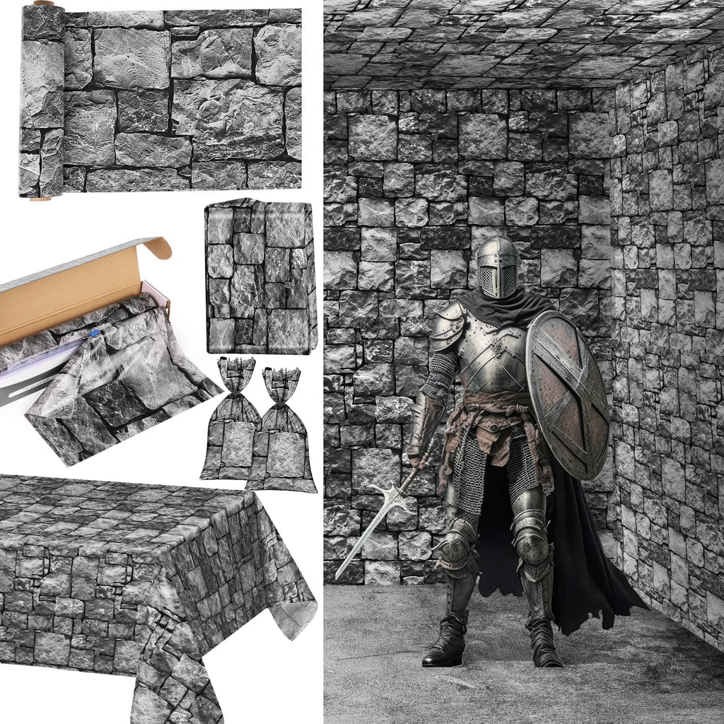 Medieval Brick Stone Wall Tablecloth Roll with Cutter Box Disposable Plastic Table Covers Castle Backdrop Grey Antique Background Knight Themed for Birthday Halloween Party (120 feet)