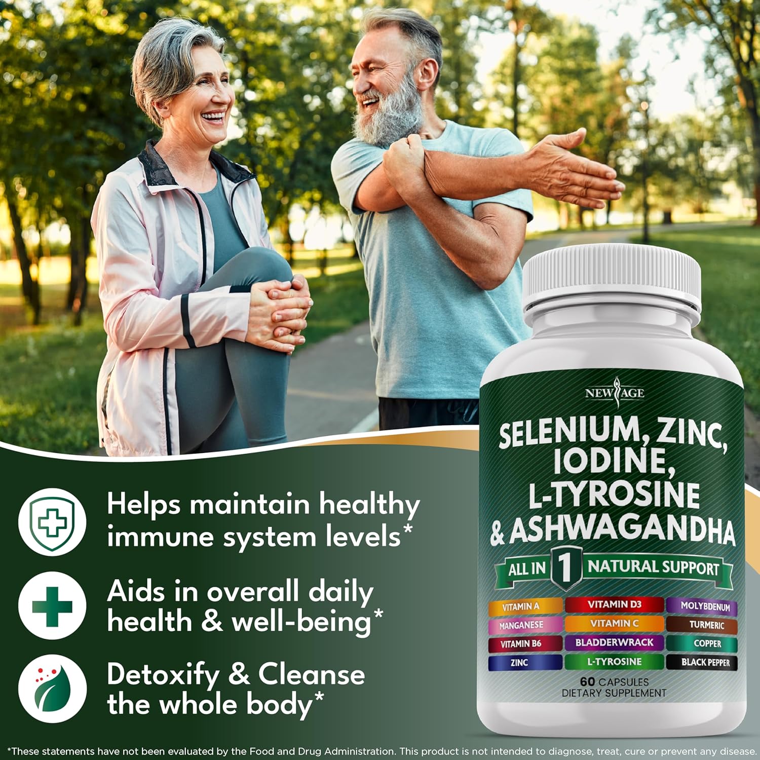 Selenium, Zinc, Iodine, L Tyrosine, Ashwagandha - Support Supplement for Women and Men with Bladderwrack, Turmeric, Silica Kelp, Schisandra - 60 Count