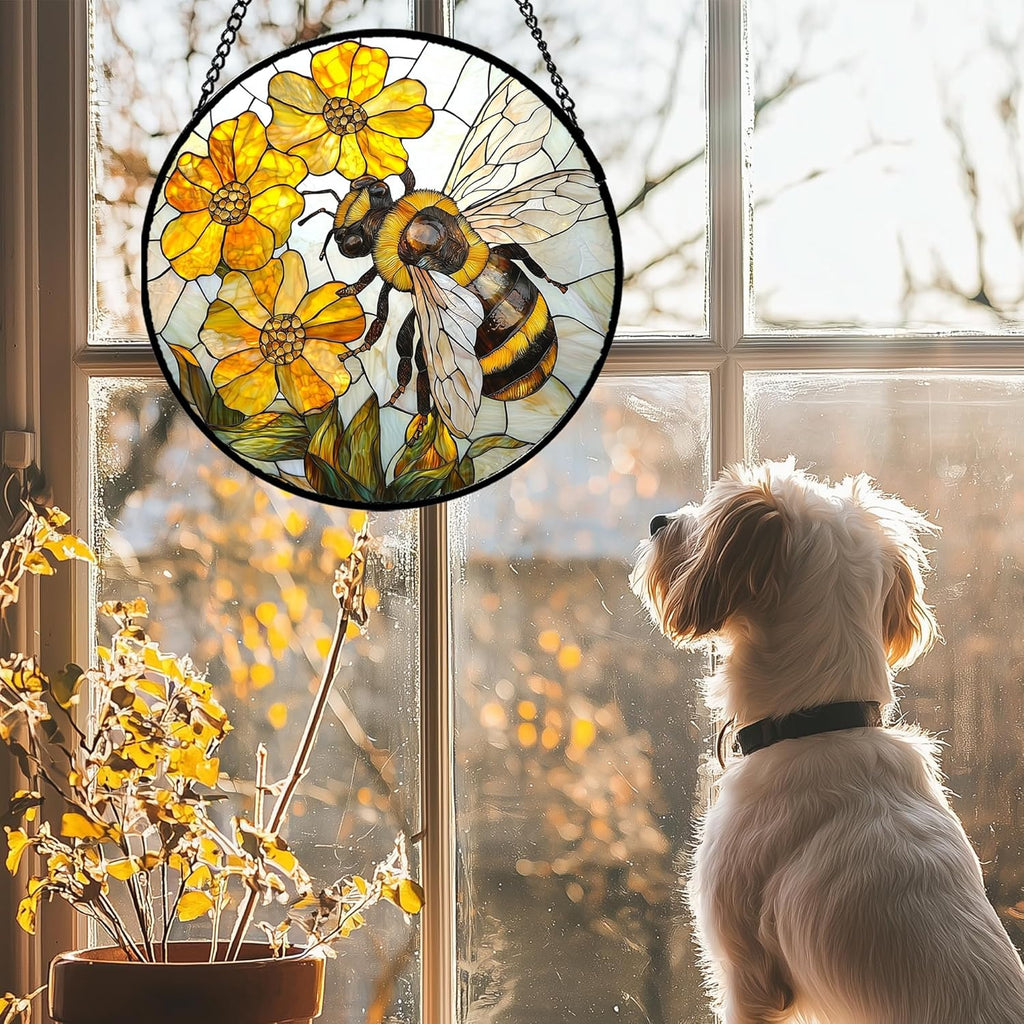 Stained Glass Window Hanging - Yellow Bees Gathering Flowers Sun Catcher for Door Garden Home Decor Cute Suncatcher Christmas Mother's Day Birthday Gifts for Women Men Mom Nana 6.3 in