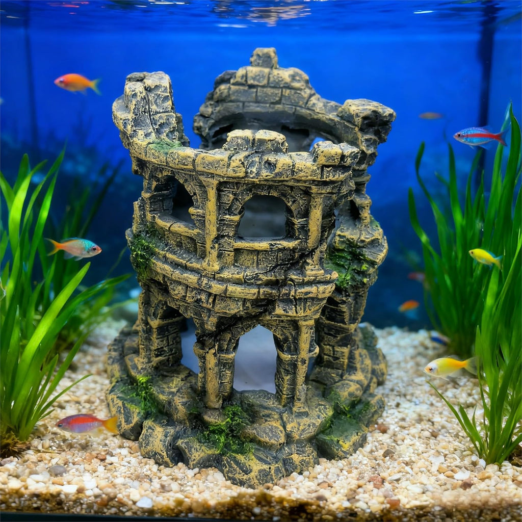 Round Roman Column Ruins Aquarium Decor, European Castle Fish Tank Hideout Rock, Antique Resin Ornament