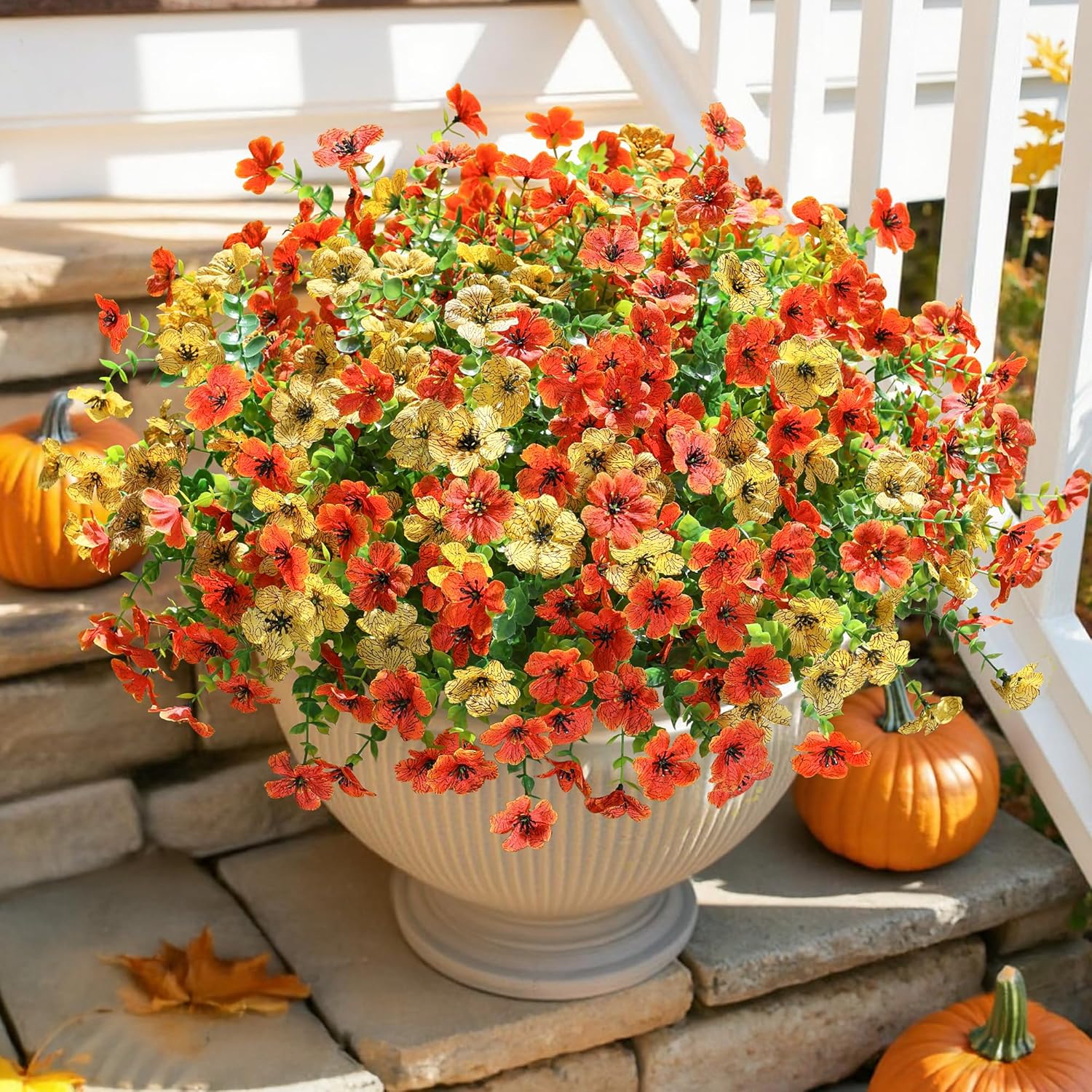 HyeFlora Artificial Fall Flowers Faux Mums for Outdoor Indoor Garden Home Decoration, Faux Flower Daisy with Eucalyptus Leaves Fake Mums Plants Greenery Boxwood Porch Patio, 12 Bundles (OrangeYellow)