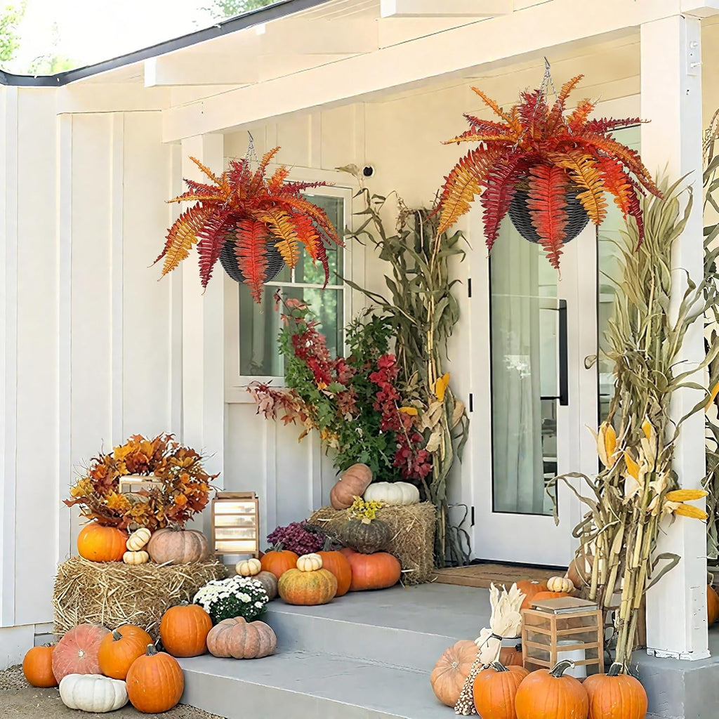 Hollyone Fall Artificial Fern Fall Hanging Baskets Outdoor Indoor Silk Plant Boston Ferns Autumn Potted Plants with Black Rattan Pot for Fake Fern Bush Plant Patio Garden Farmhouse Home Decor Orange