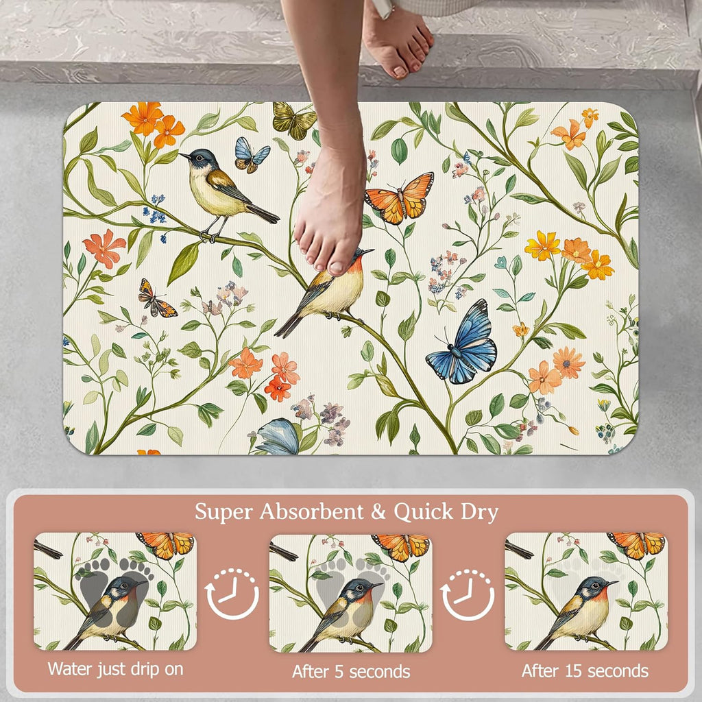Diatomaceous Earth Bath Mat,Watercolor Birds Butterfly Bath Rugs,Non-Slip Thin Absorbent Fast Drying Easy to Clean for Bathroom Laundry Home Kitchen Door Mat 17x29.5Inch