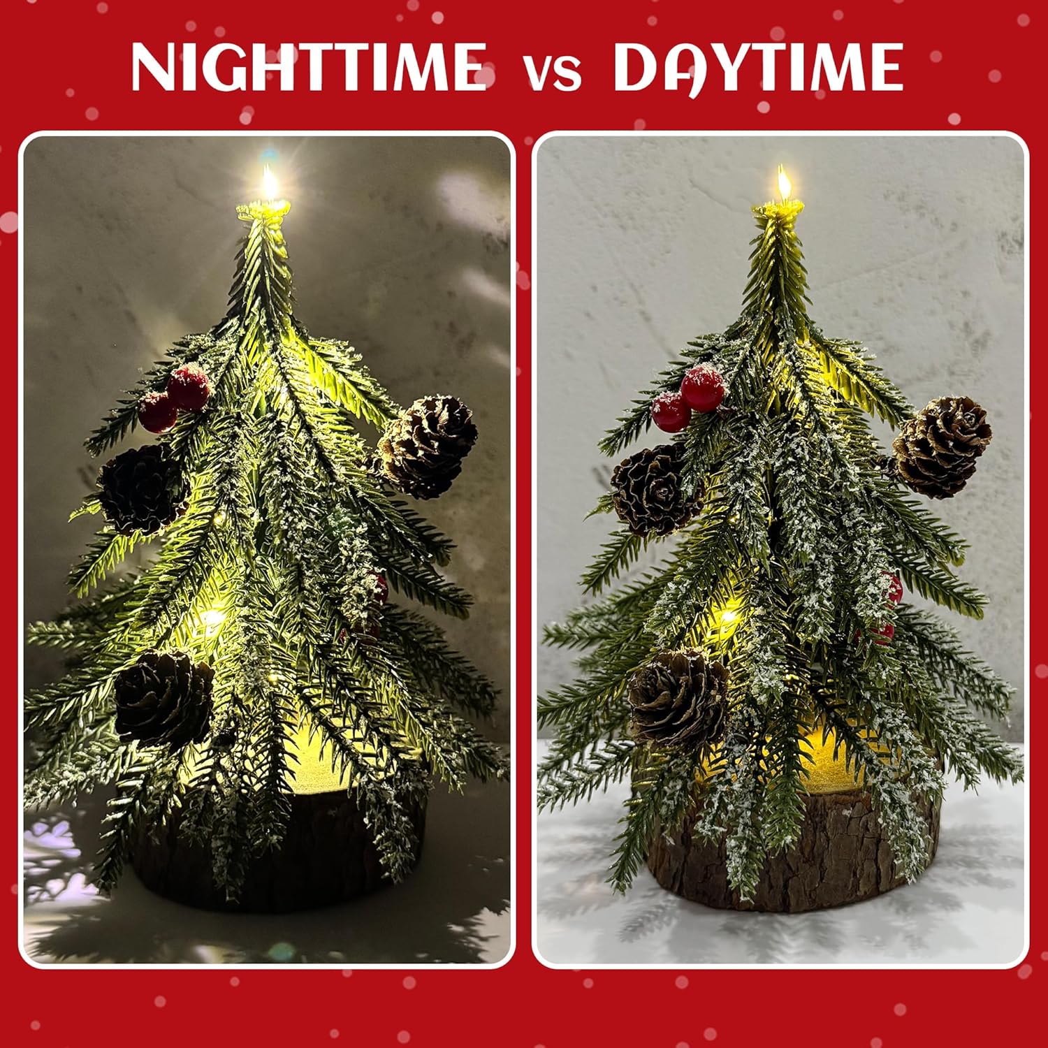 2 Pack Artificial Christmas Tabletop Mini Pine Trees, 6.5 in Tall Lighted Holiday Decorations with Wooden Base, Red Berries, Pine Cones Snowflake for Home Table Windowsill Office Desk Mantel