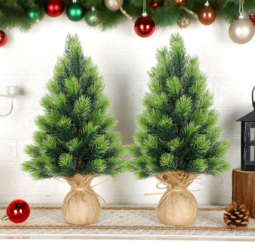 Lulu Home 2 Packs 16.5 Inch Artificial Mini Christmas Tree, Small Tabletop Desktop Xmas Tree with Burlap Base, Realistic Pine for Home Office Party Festival Decorations