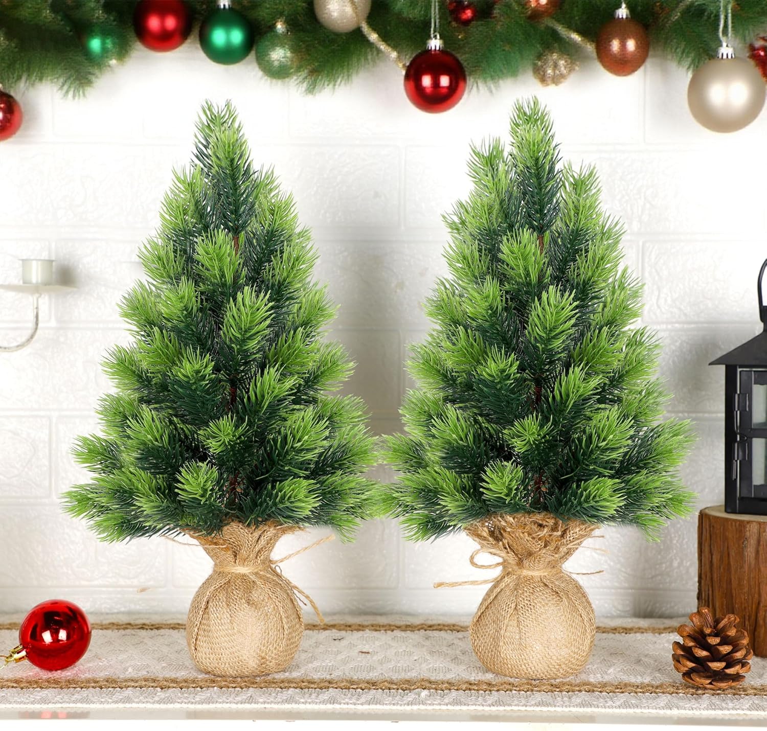 Lulu Home 2 Packs 16.5 Inch Artificial Mini Christmas Tree, Small Tabletop Desktop Xmas Tree with Burlap Base, Realistic Pine for Home Office Party Festival Decorations