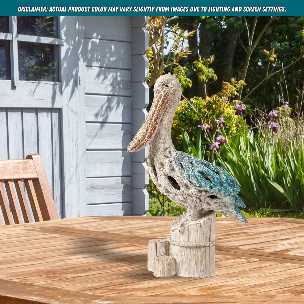 Blue Pelican on Post Figurine – 13.75” Coastal Nautical Decor, Coral Reef Ocean Statue for Beach Home Accent, Shelf, Mantel, or Tabletop Display