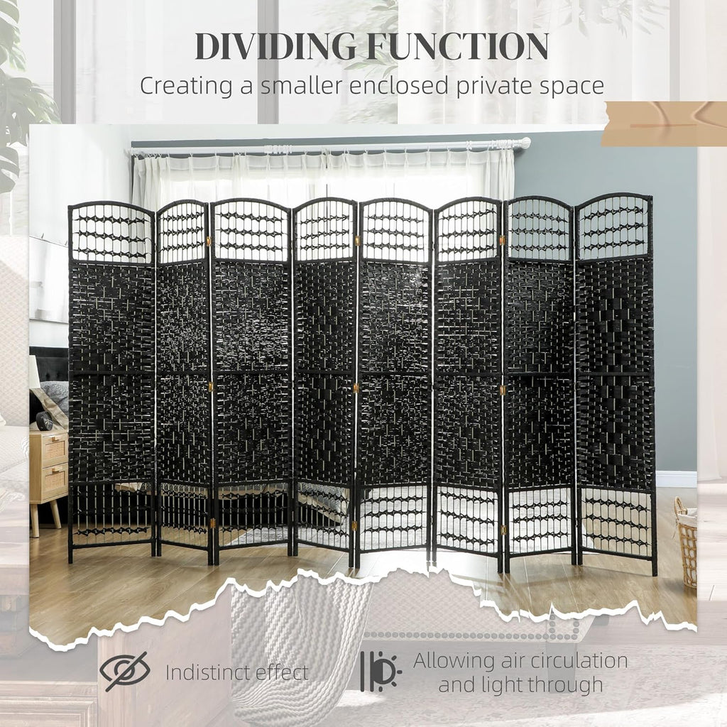 HOMCOM 8 Panel Room Divider, Folding Privacy Screen, 5.6' Room Separator, Wave Fiber Freestanding Partition Wall Divider, Black