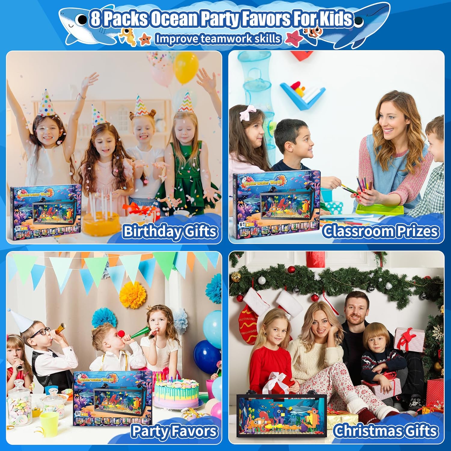 8 in 1 Fish Tank Building Sets, Marine Aquarium Building Block with LED Light Party Favors 9 Model Toy Including Octopus Crab, Christmas Birthday Gifts for Boys Girls Kids Ages 6 8 10 12+