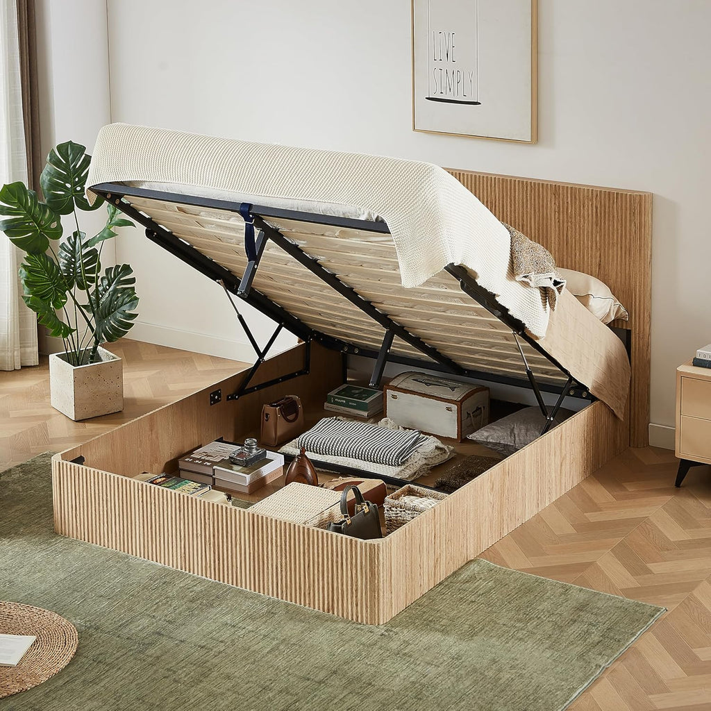 KEIKI Queen Size Wood Platform Bed Bedframe with Lift Up Hydraulic Storage,Corrugated Curved Lines Design for Bedroom