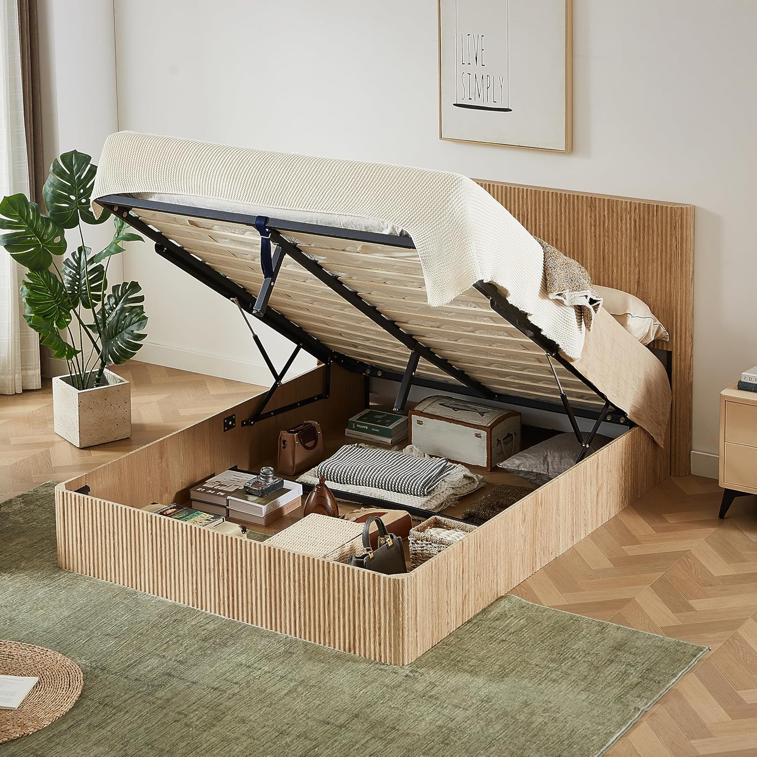 KEIKI Queen Size Wood Platform Bed Bedframe with Lift Up Hydraulic Storage,Corrugated Curved Lines Design for Bedroom