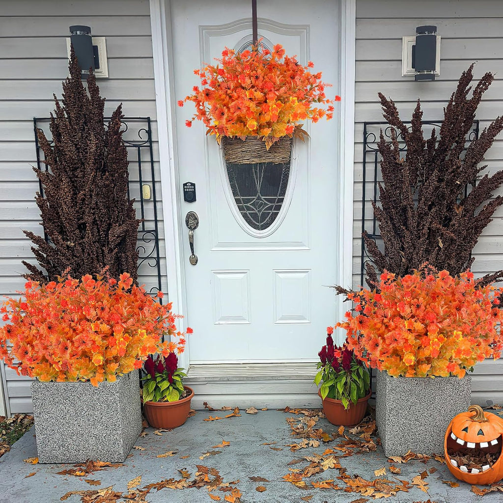AmyHomie 16 Bundles Mix Orange Artificial Fall Flowers for Outdoor Fall Decor UV Resistant Fake Mums No Fade Fake Plastic Plants Garden Porch Window Box Decorating
