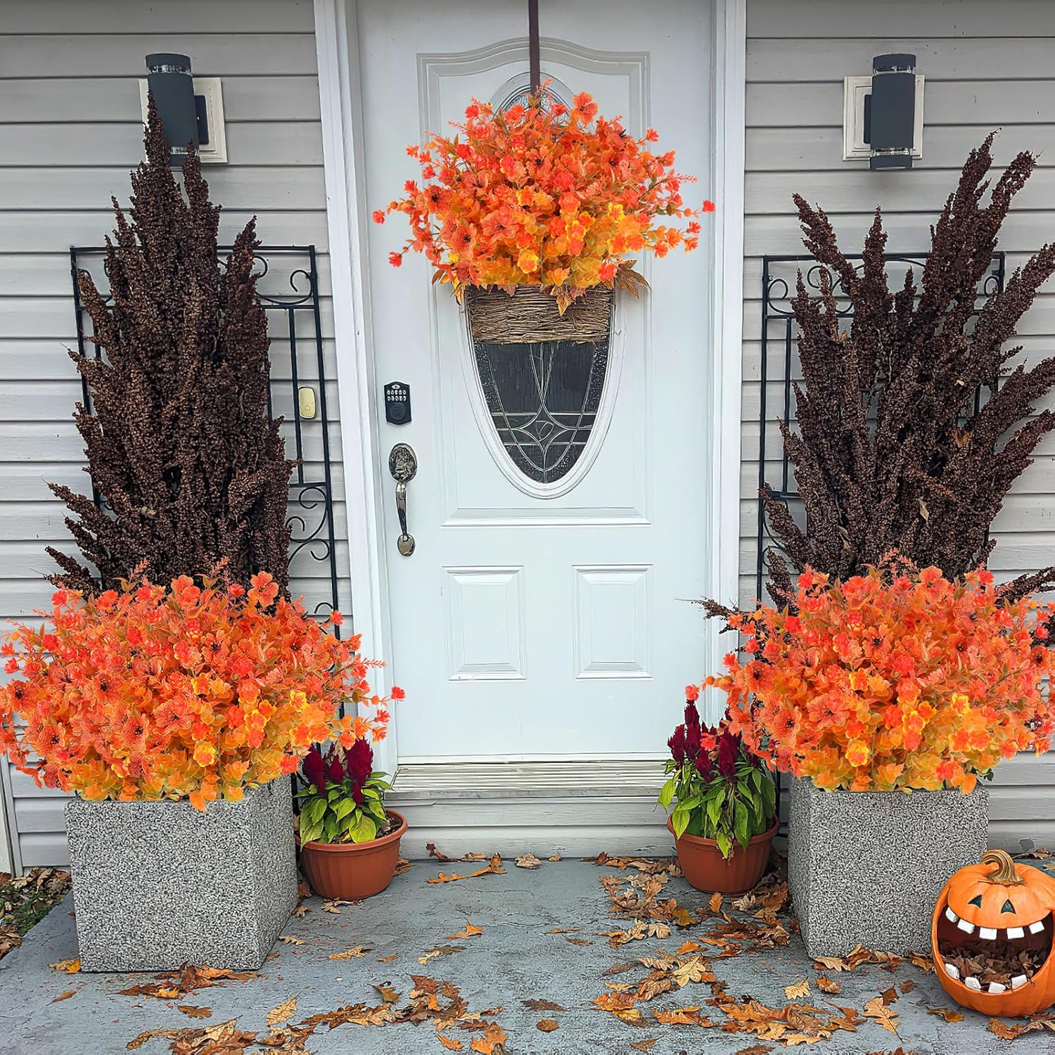 AmyHomie 16 Bundles Mix Orange Artificial Fall Flowers for Outdoor Fall Decor UV Resistant Fake Mums No Fade Fake Plastic Plants Garden Porch Window Box Decorating