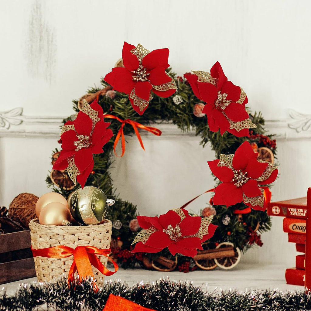 12 PCS Poinsettia Flower Artificial Poinsettia Christmas Decoration 5.9'' Red Glitter Poinsettias Christmas Ornaments Christmas Tree Flower Decor with Clips DIY Xmas Wreath Holiday Home Party Decor