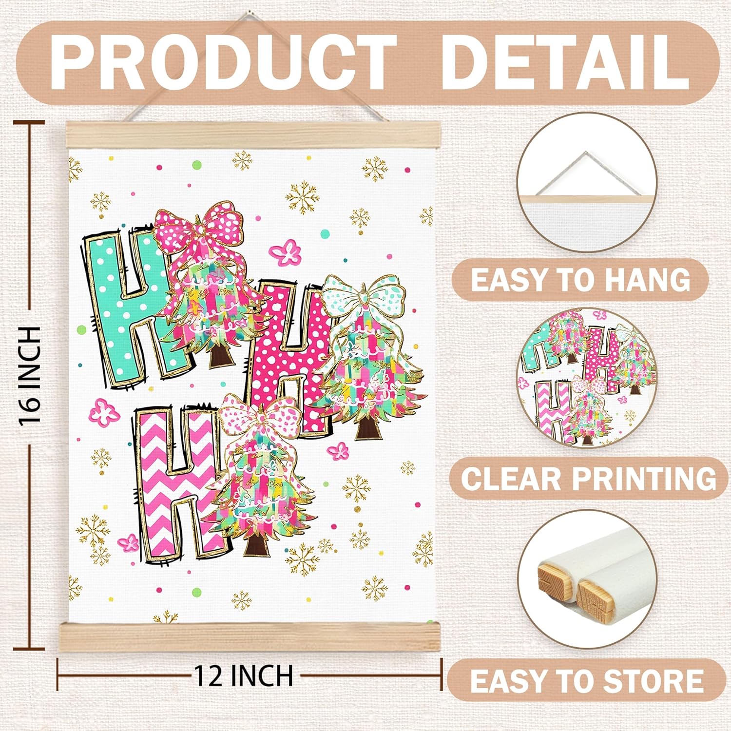 FDHSPAAM Hohoho Christmas Tree Wall Art Decor, Girly Coquette Christmas Decor, Colorful Coquette Bow Glitter Xmas Tree Winter Wall Art Posters for Girls Bedroom Dorm Apartment, 12x16 Inch