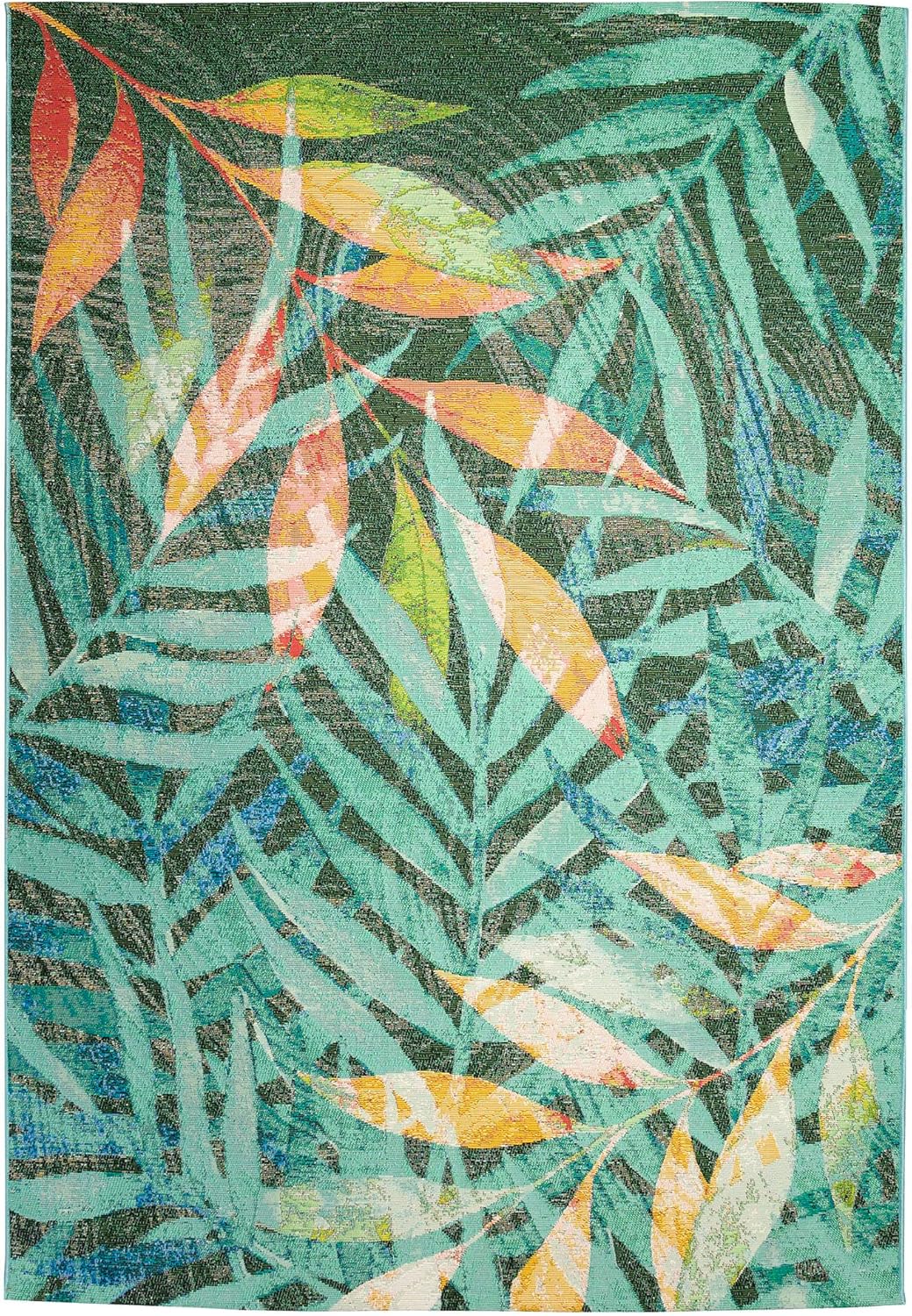 Liora Manne Marina Indoor/Outdoor Power Loomed Synthetic Blend Low Profile Area Rug - Contemporary Graphic Botanical Floral Colorful (Leaves Blue) (6'6" x 9'4")