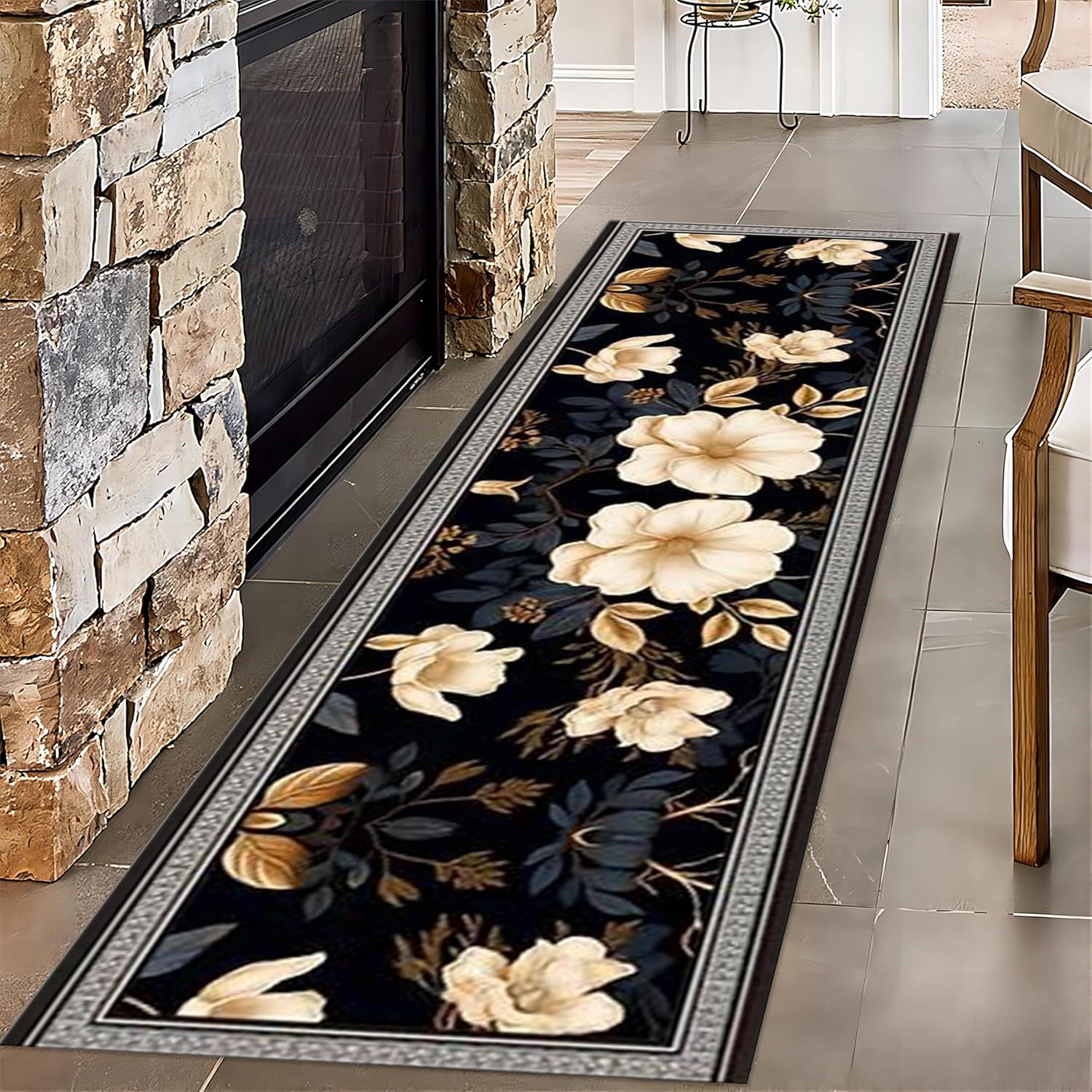 Modern Minimalist Floral Runner Rugs for Hallway, 2x6ft, Botanical Print Home Decor Carpet, Washable Rubber Backed Absorbent Bathroom Decorations Anti-Slip Rug for Entryway Kitchen