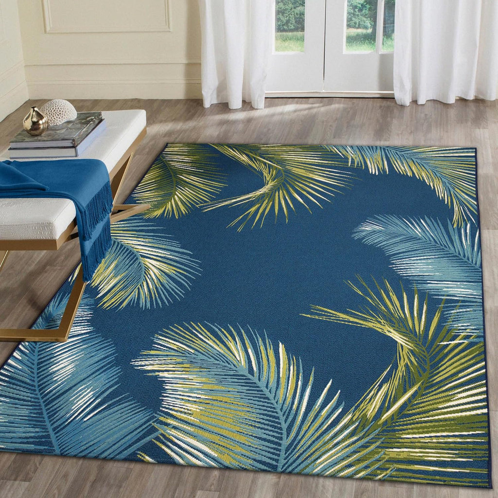 Liora Manne Marina Indoor/Outdoor Power Loomed Synthetic Blend Low Profile Area Rug - Transitional Border Botanical Beach Colorful (Palm Border Navy) (8'10" x 11'9")