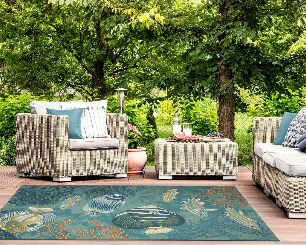 Liora Manne Marina Indoor/Outdoor Power Loomed Synthetic Blend Low Profile Area Rug - Transitional Graphic Coastal Animal Colorful (Fish Aqua) (6'6" x 9'4")