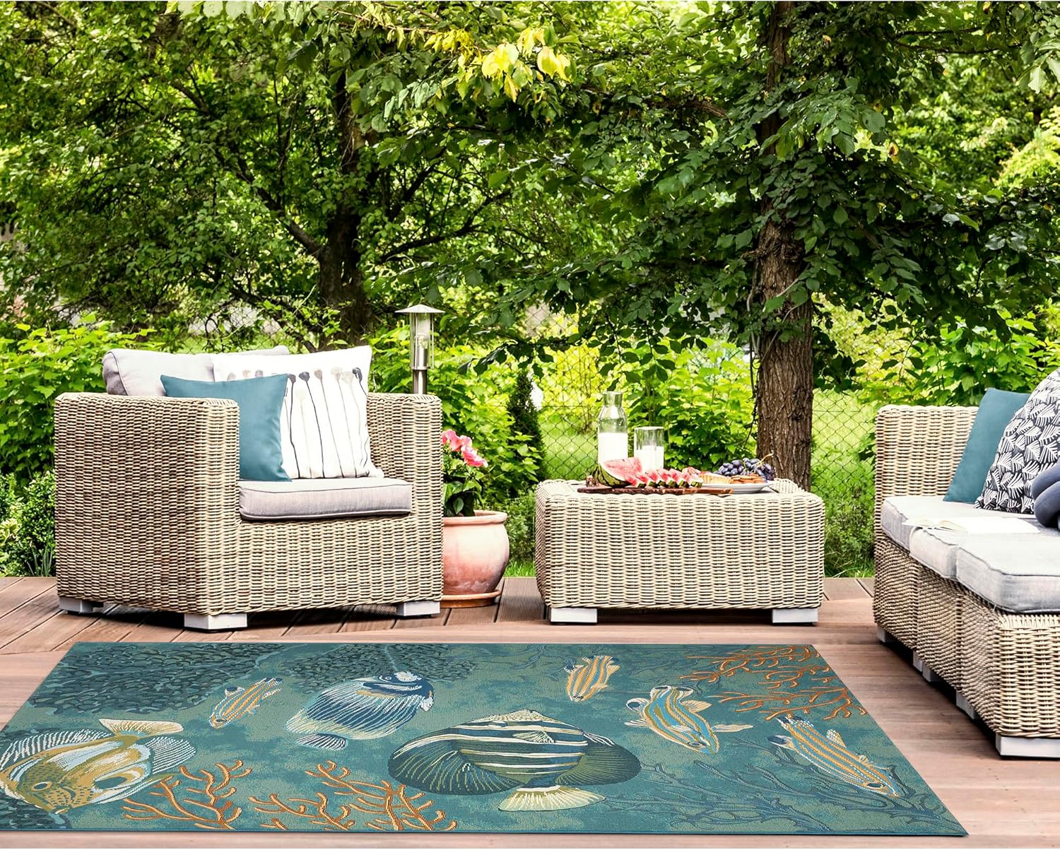 Liora Manne Marina Indoor/Outdoor Power Loomed Synthetic Blend Low Profile Area Rug - Transitional Graphic Coastal Animal Colorful (Fish Aqua) (6'6" x 9'4")