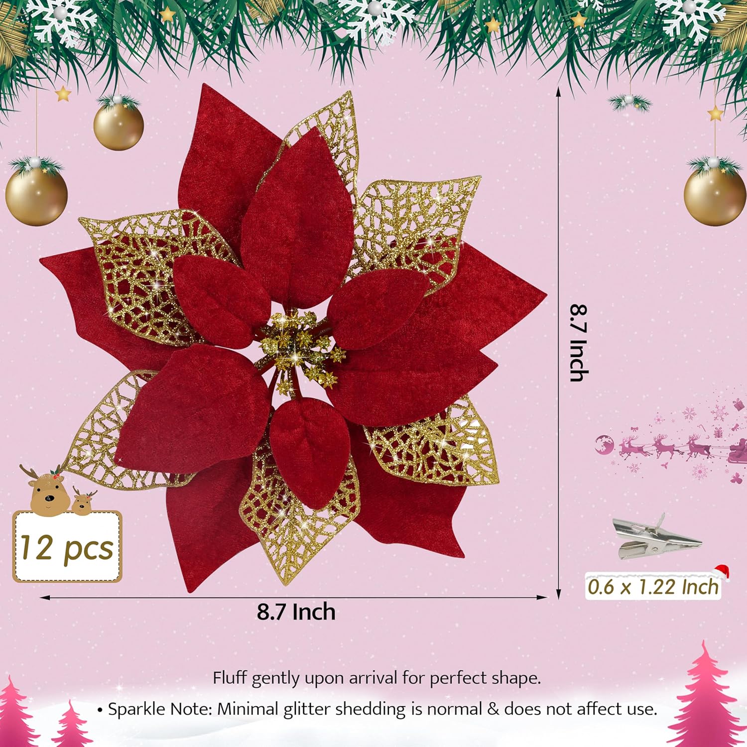 Childom 12 PCS Poinsettia Flower Artificial Poinsettia Christmas Decoration 8.7'' Dark Red Glitter Poinsettias Christmas Ornaments Xmas Tree Flower Decor with Clips DIY Xmas Wreath Home Party Decor