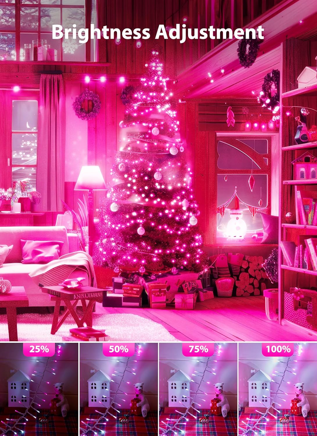 Minetom Pink White Christmas String Lights, 25Ft 500 LED Outdoor Cluster String Lights, Waterproof LED Twinkle Light for Bedroom Patio Tapestry Backyard Garden Party Indoor, White Wire