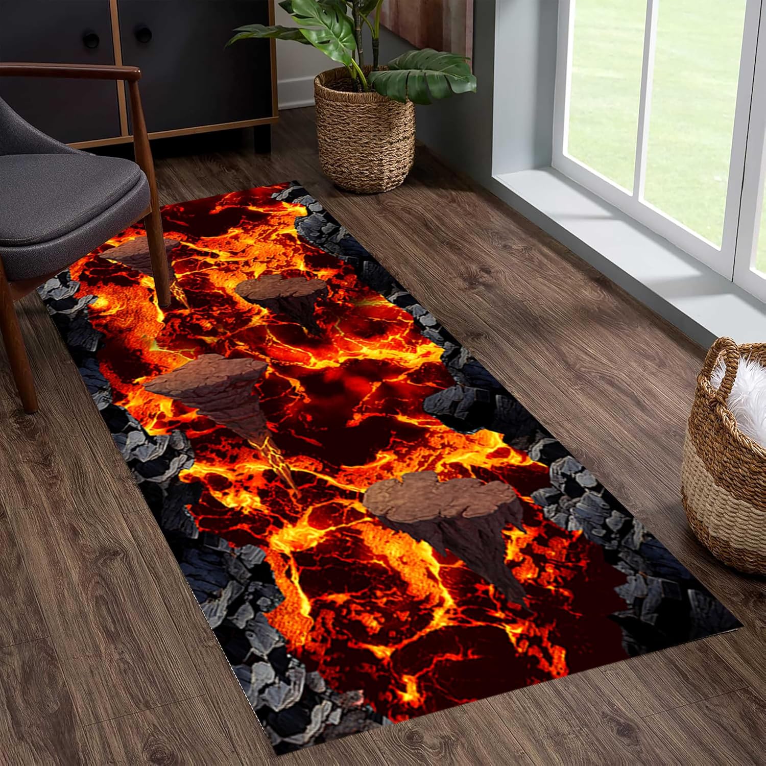 3D Landscape Rug, 2.6x7ft, Flame Volcano Hot Lava Bricks Rock Optical Illusion Fun Challenge Play Area Rug, Abstract Aesthetics Decor Door Mat for Hallway Corridor Entryway