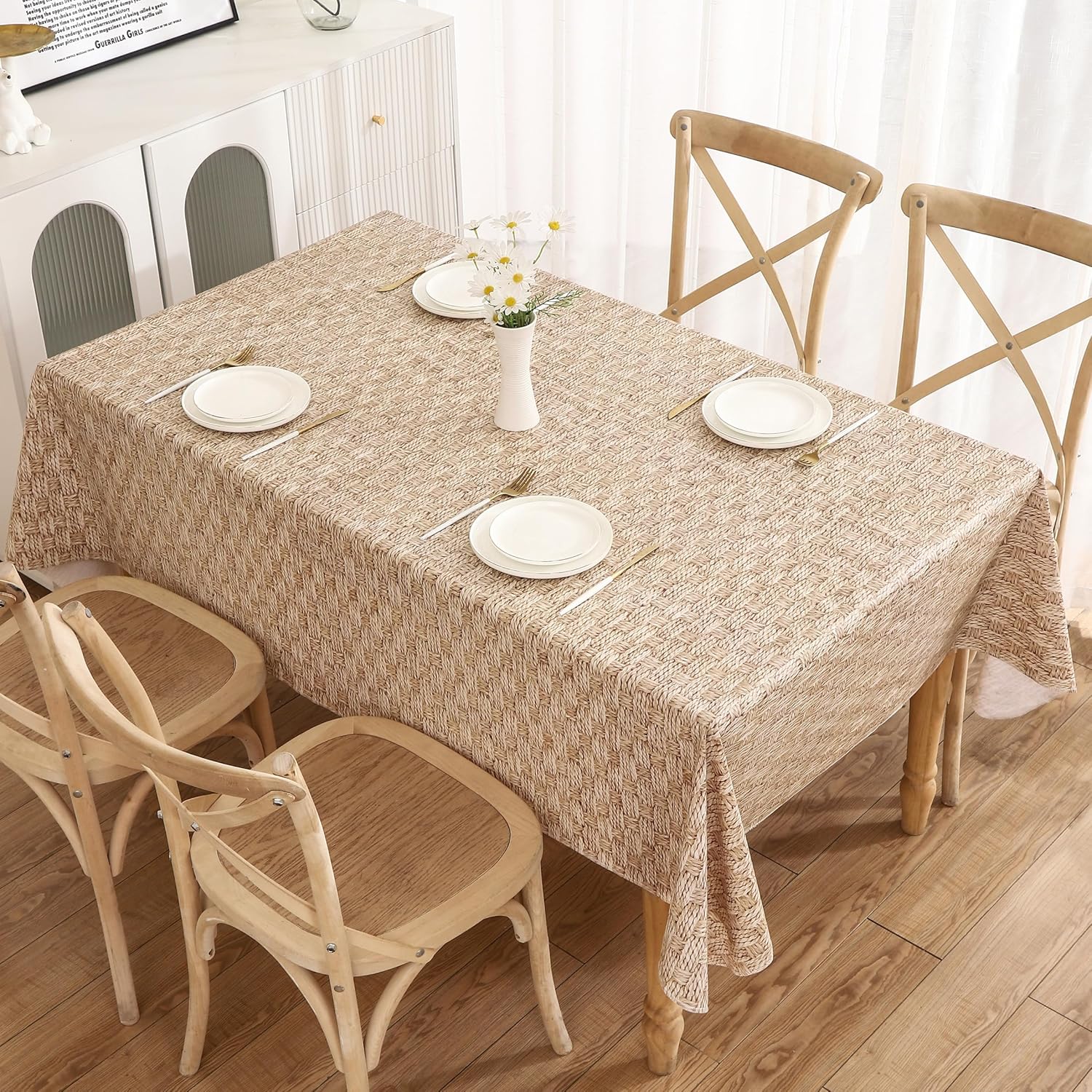 Walrus Heavy Duty Vinyl Tablecloth with Flannel Backing Waterproof Oil-Proof Plastic Table Cloth Stain-Resistant Wipeable Rectangle or Square Table Cover for Indoor and Outdoor (Weave, 60X84 Inch)