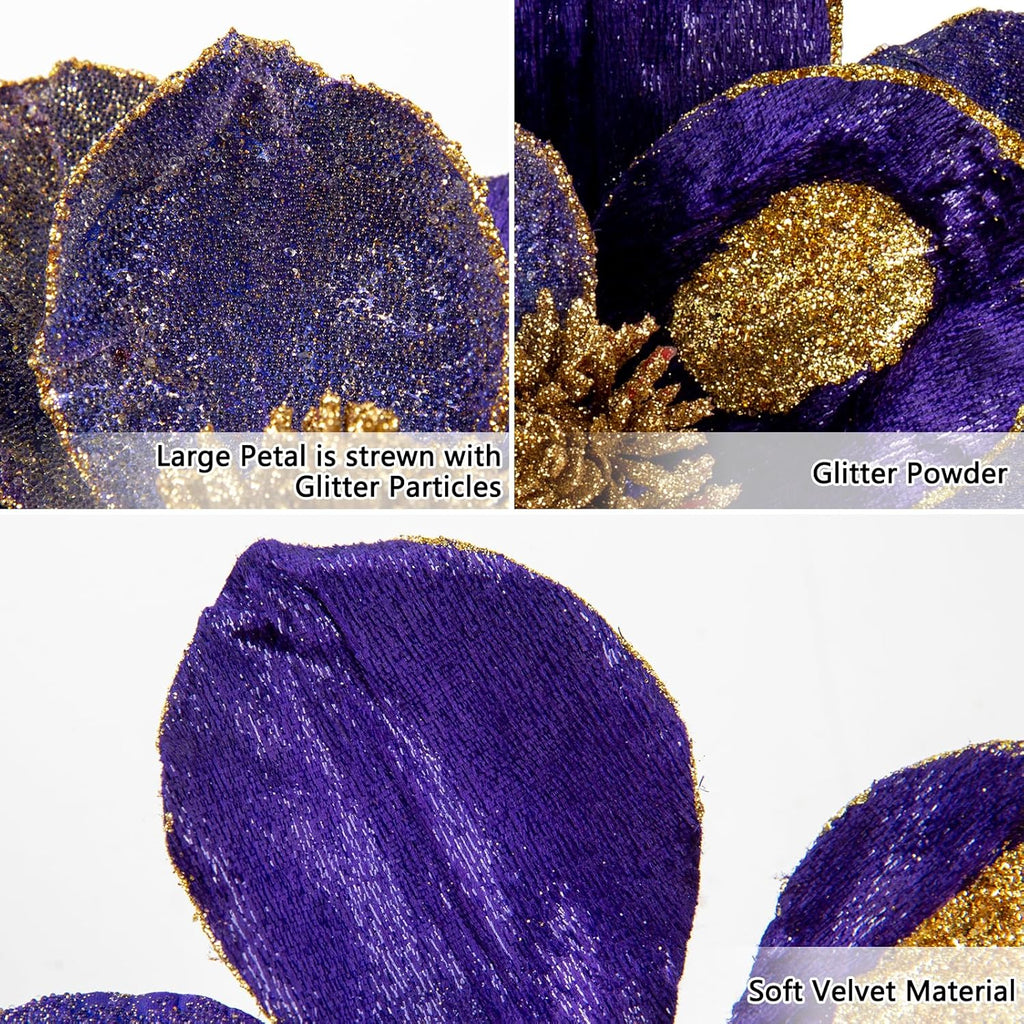 Briful 10’’ Large Heads Christmas Glitter Magnolia Flowers Christmas Tree Ornaments Set of 3 Artificial Flowers with Picks Stems for Xmas Tree Holiday Decorations, Purple and Gold