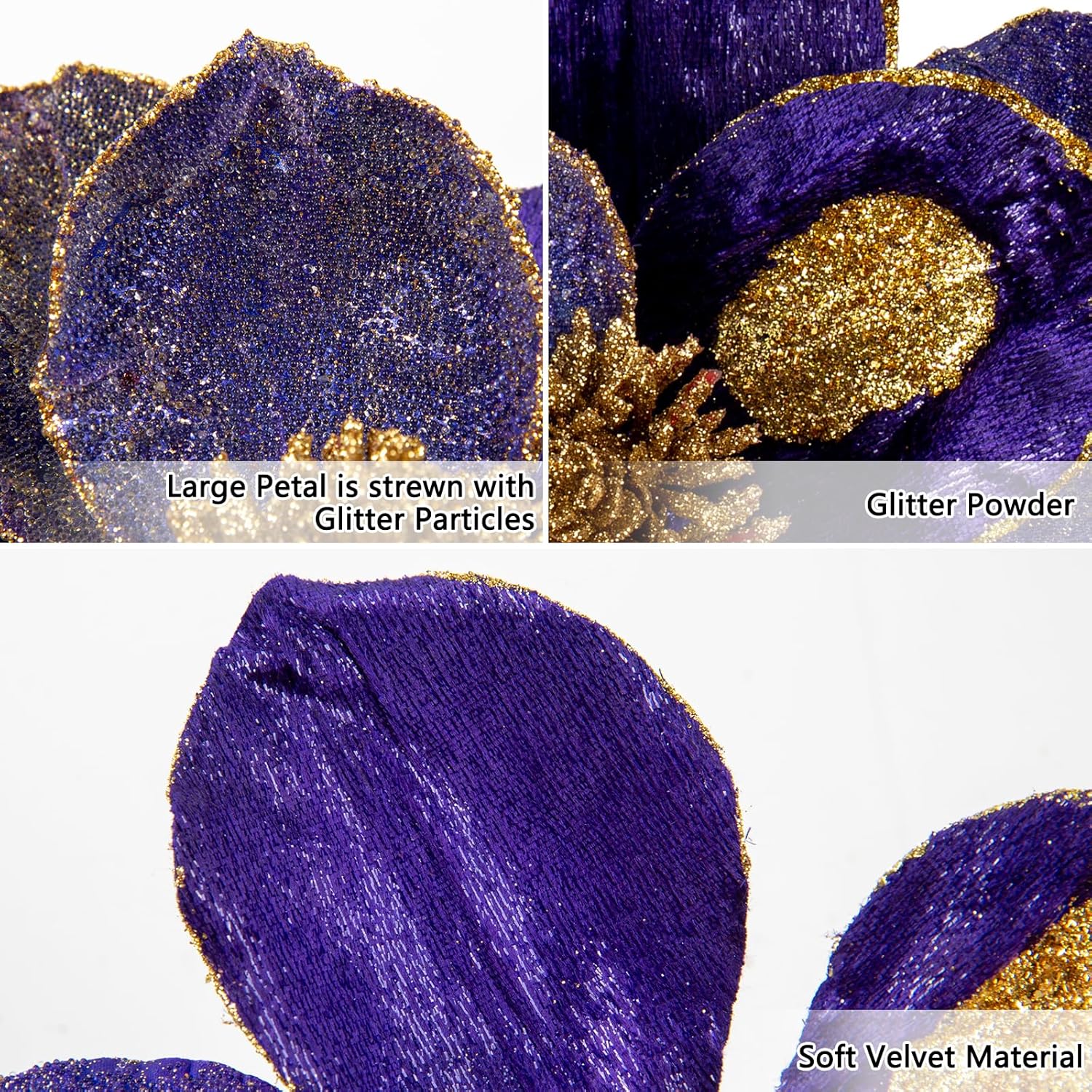 Briful 10’’ Large Heads Christmas Glitter Magnolia Flowers Christmas Tree Ornaments Set of 3 Artificial Flowers with Picks Stems for Xmas Tree Holiday Decorations, Purple and Gold