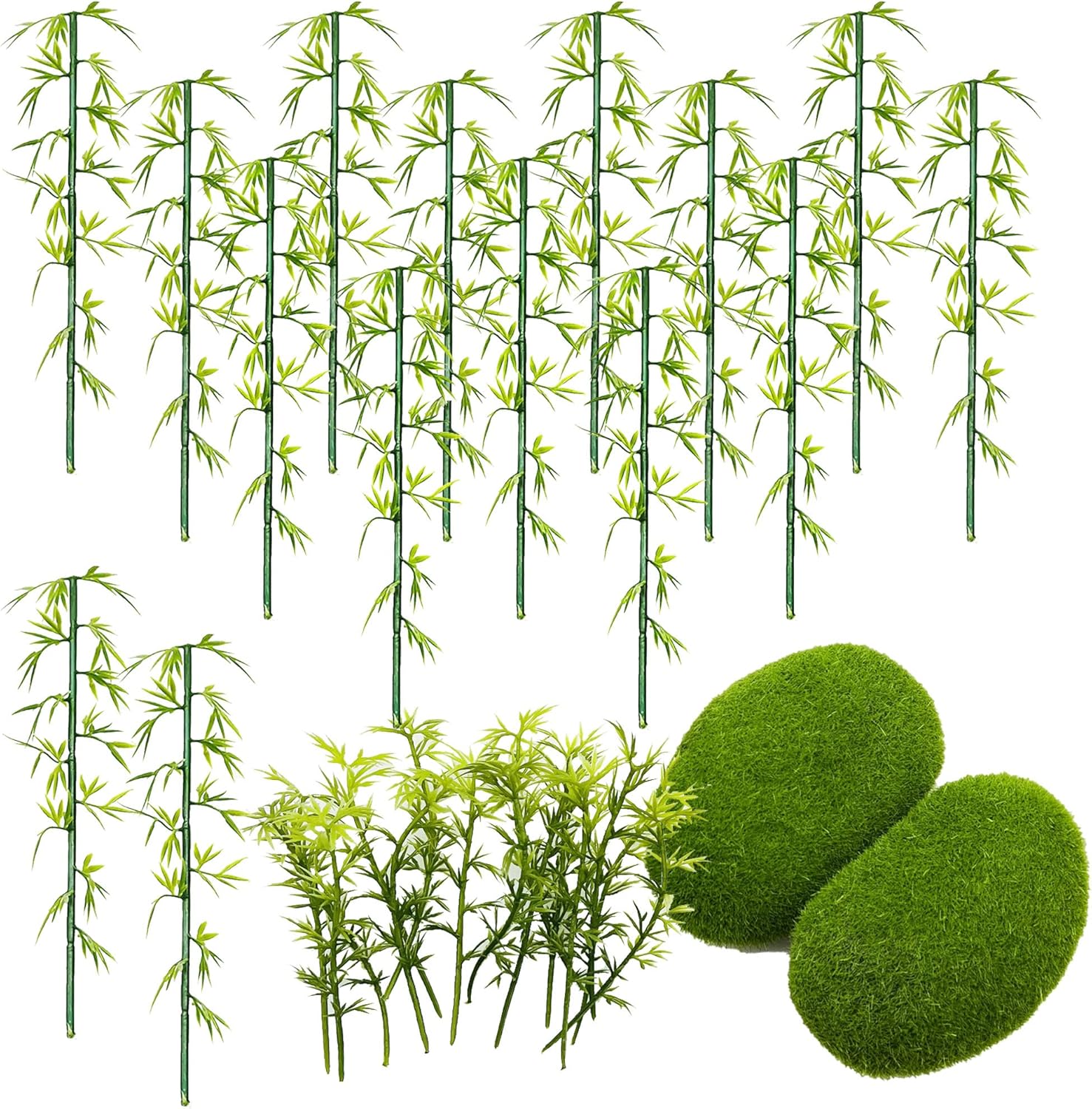 Woohome Model Bamboo Trees, 30 PCS Miniature Bamboo Trees Landscape Green Plastic Bamboo Trees and 2 PCS Artificial Moss Rocks Fake Moss Rocks for Home Decoration, Fairy Gardens