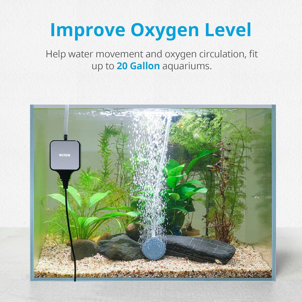 NICREW Nano Silent Aquarium Air Pump Black, Aquarium Aerator with Accessories for UP to 20 Gallon Fish Tank, Super Quiet, 0.6 L/min, 1.5 Watts