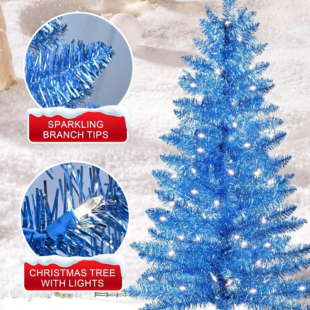 4ft Artificial Full Blue Christmas Tree with Separate Lights, Not Pre-lit Mini Blue Tinsel Pine Christmas Tree, 50 Lights, Small Xmas Tree for Home, Office, Party Decoration, Indoor