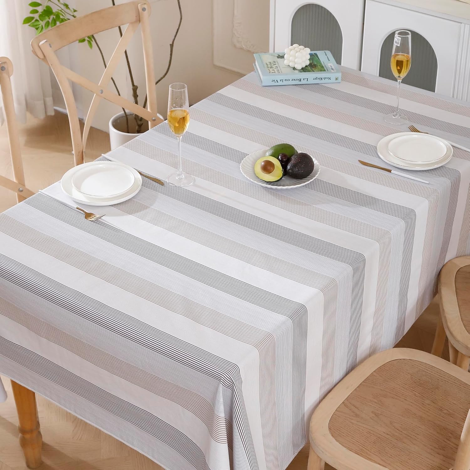 Walrus Heavy Duty Vinyl Tablecloth with Flannel Backing Waterproof Oil-Proof Plastic Table Cloth Stain-Resistant Wipeable Rectangle or Square Table Cover for Indoor and Outdoor (Line,60x84 Inch)