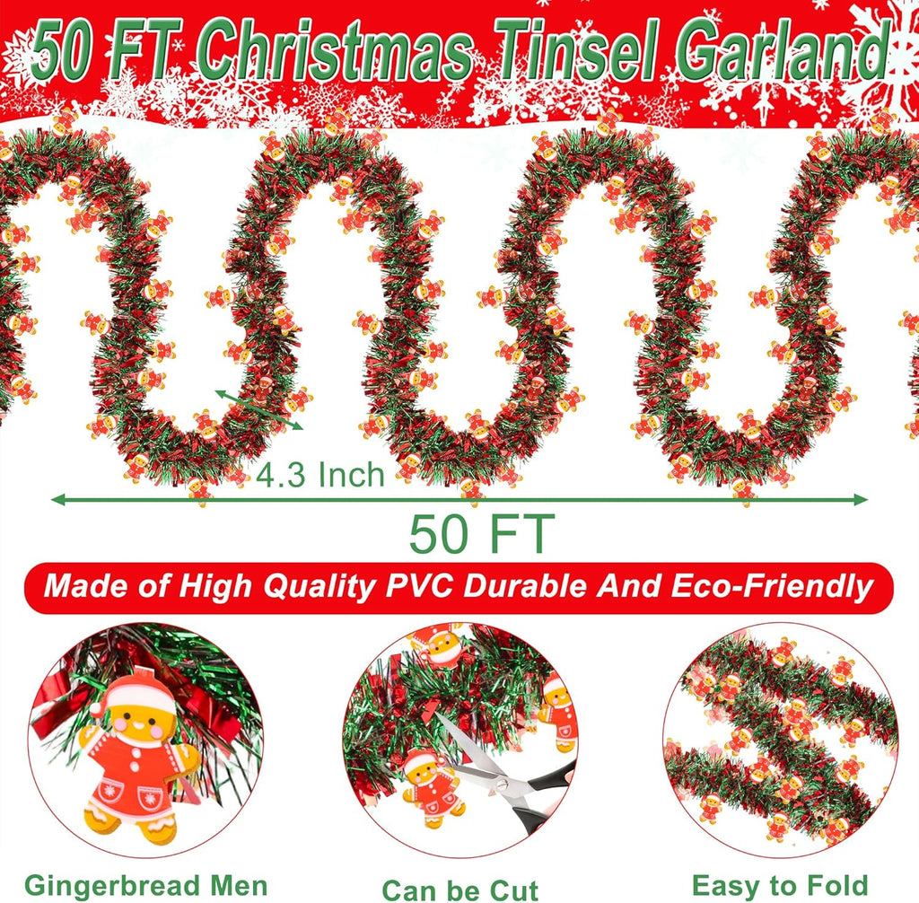 50 FT Christmas Tinsel Garland Christmas Decorations with Gingerbread Man Ornament, Red Green Shiny Metallic Twist Christmas Garland for Xmas Tree Home Mantle Stairs Indoor Outdoor Holiday Party Decor