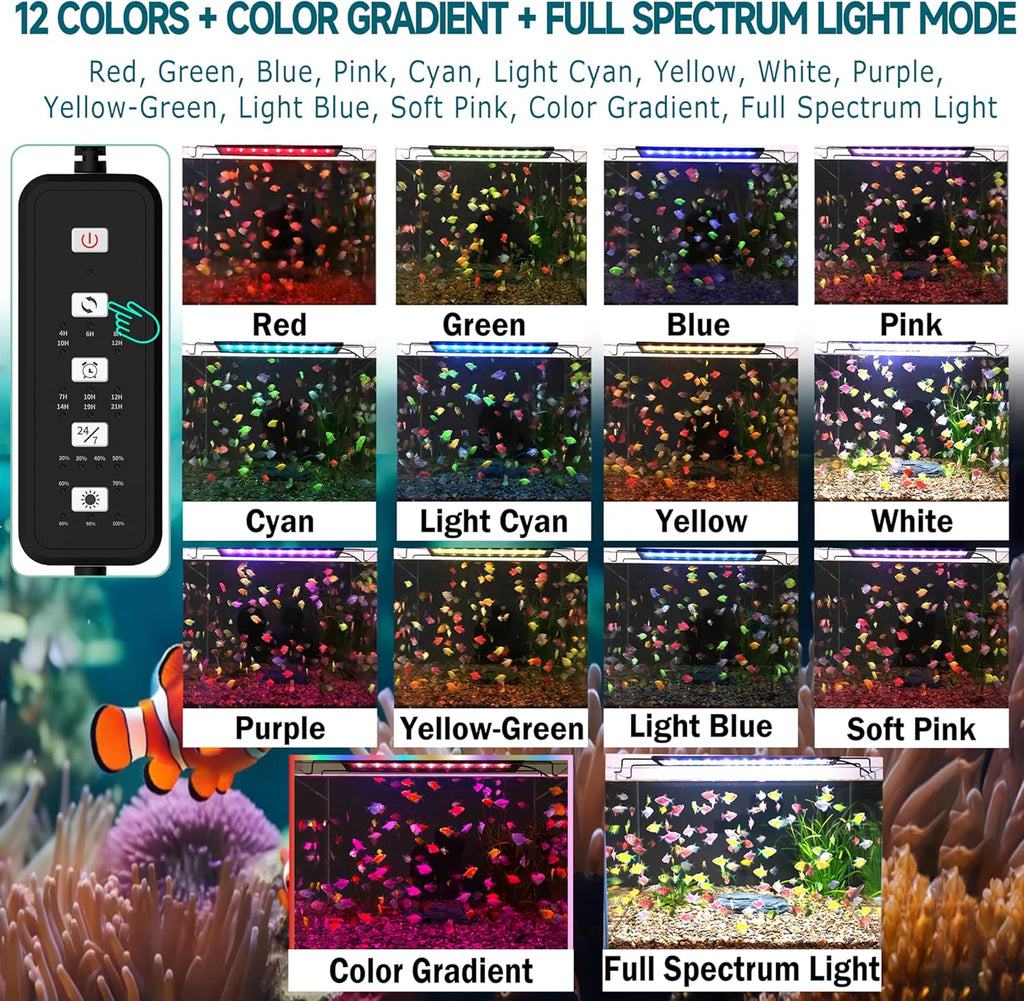 24/7 Mode LED Aquarium Light for 30-36 Inch Plant & Fish Tank, IP68 Full Spectrum Light, Sunrise-Daylight-Moonlight, White Red Green Blue Pink LEDs with Extendable Brackets for Freshwater