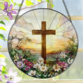 8 Inch Stained Glass Cross and Wildflowers Suncatcher Christian Stained Glass Windows Hanging Flower Cross Gift for Religious Easter Faith Christian Gifts Religious Home Decor
