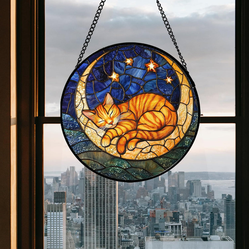 Stained Glass Window Hanging - Orange Moon Sleeping Cat Sun Catcher for Door Home Decor Blue Starry Sky Suncatcher Christmas Mother's Day Birthday Gifts for Women Men Mom Nana 7.8 in