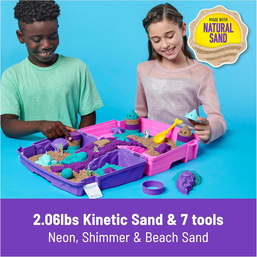 Kinetic Sand, Mermaid Palace Playset Folding Sandbox with 2.06lbs Play Sand (Neon Purple, Shimmer Teal & Beach), Tools, Sensory Toys, Stocking Stuffers for Kids Ages 3 and up