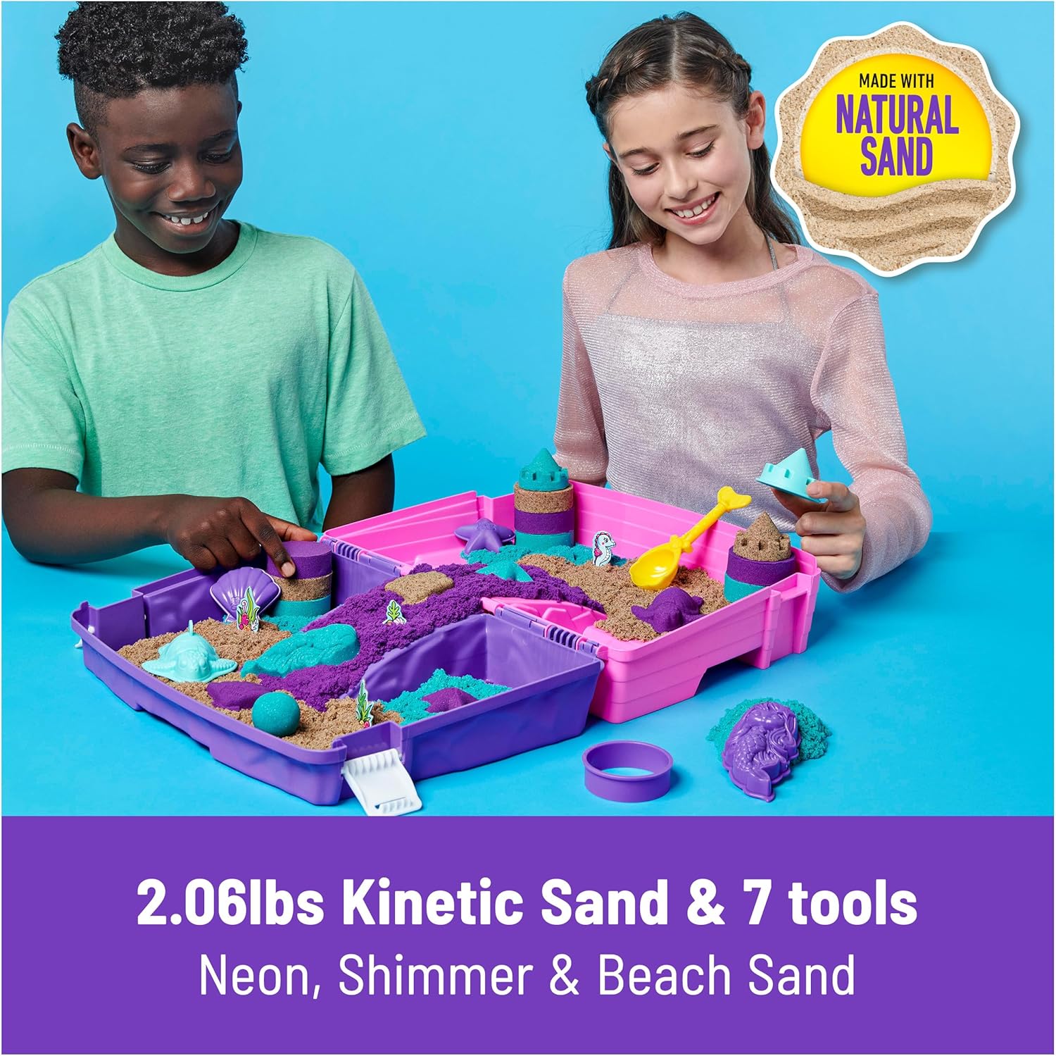 Kinetic Sand, Mermaid Palace Playset Folding Sandbox with 2.06lbs Play Sand (Neon Purple, Shimmer Teal & Beach), Tools, Sensory Toys, Stocking Stuffers for Kids Ages 3 and up