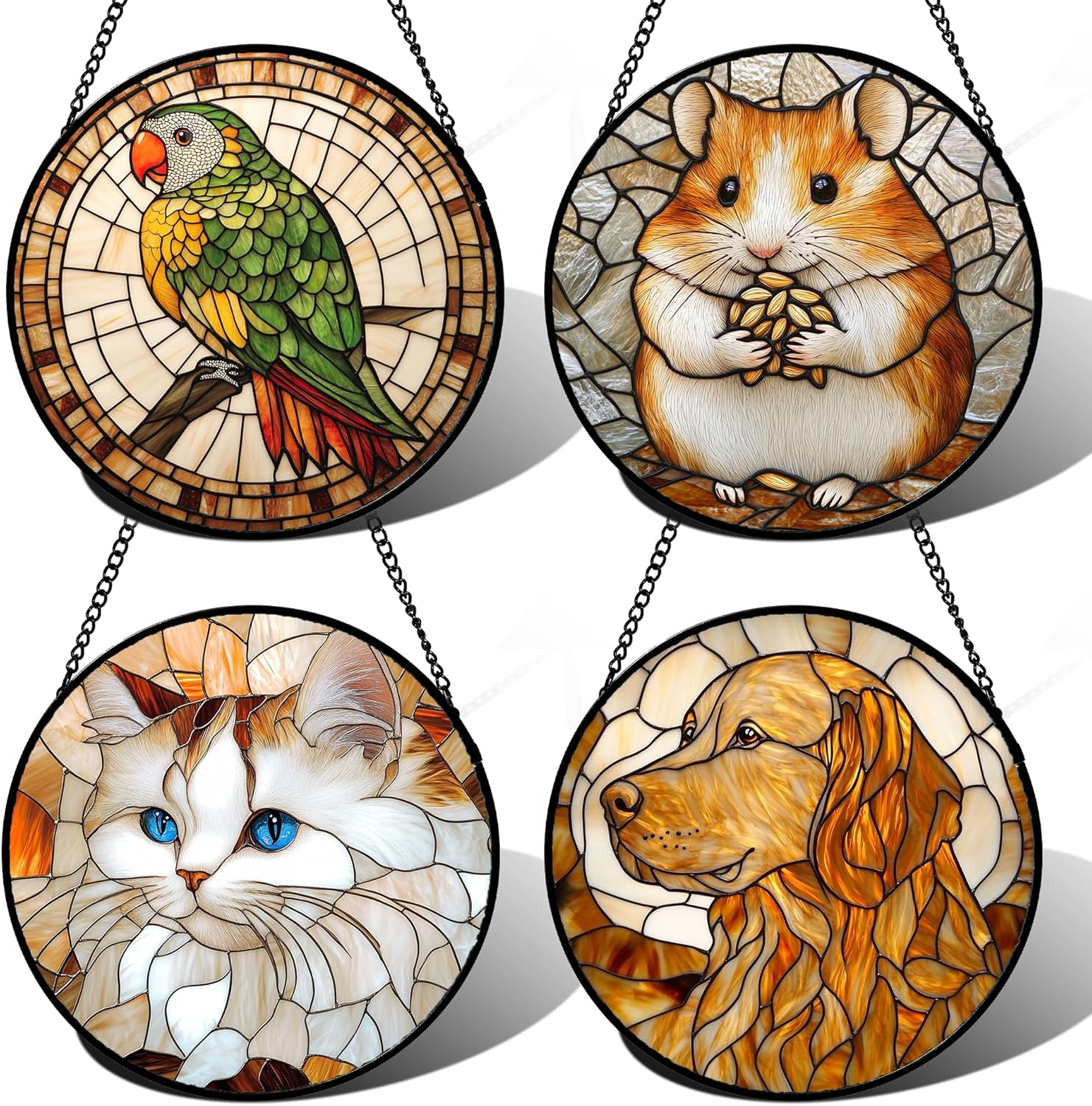 Stained Glass Window Hanging 4 Pcs Set Cute Cat and Dog 7.8" - Animal Suncatcher Door Garden Sun Catcher Decor Birthday Mother's Day for Mom Woman Nana Girl Boy Friend