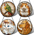 Stained Glass Window Hanging 4 Pcs Set Cute Cat and Dog 9.8" - Animal Suncatcher Door Garden Sun Catcher Decor Birthday Mother's Day for Mom Woman Nana Girl Boy Friend