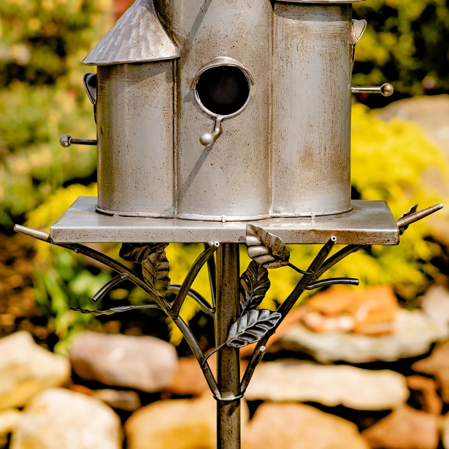 Zaer Ltd. Large Silver Colored Multi-Birdhouse Stakes, Room for 4 Bird Families in Each (Tall Triple Cylinder Homes (Silver Color))