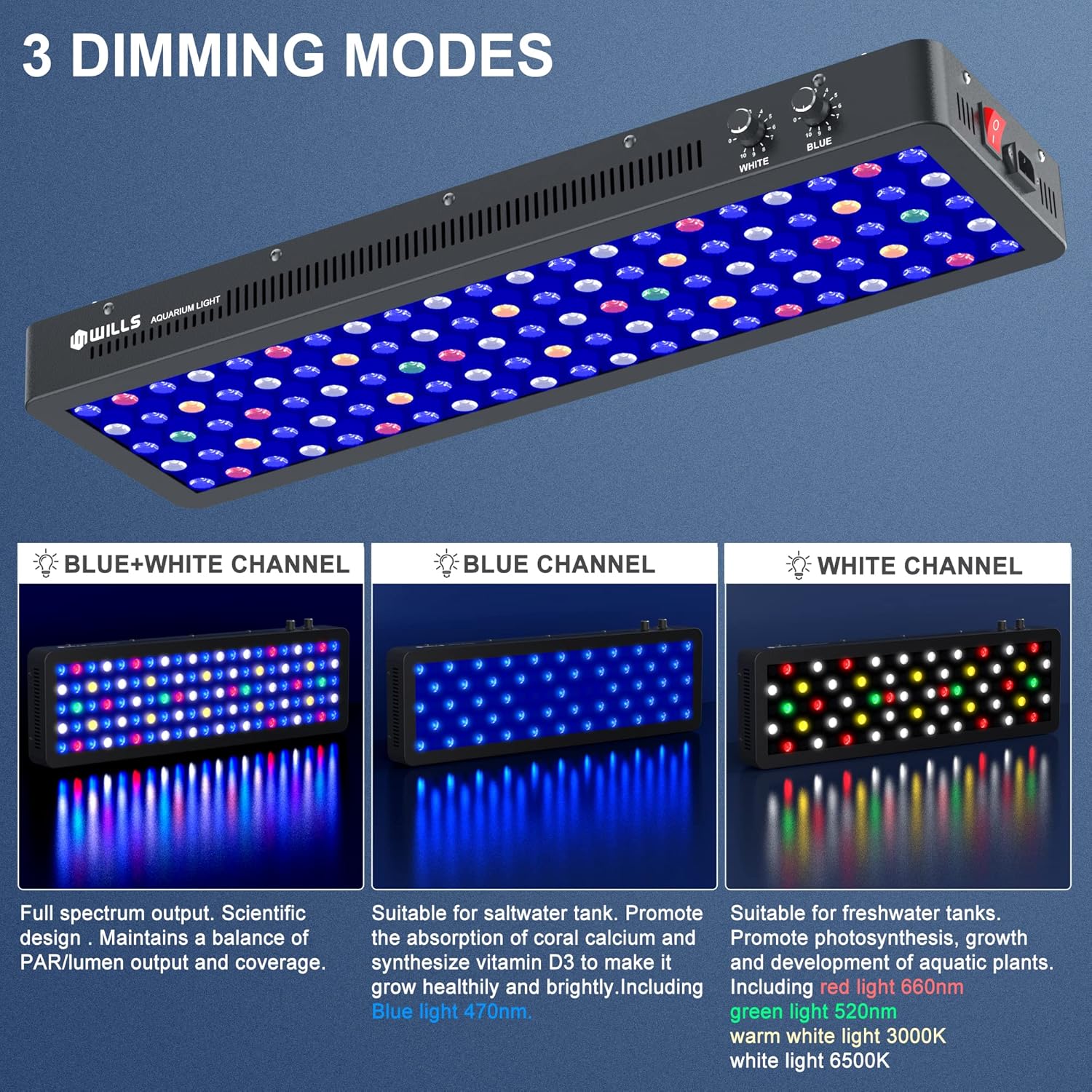 WILLS Full Spectrum Aquarium Light, Reef Lights for Coral with Dual Dimmable Channels, 105 Premium SMD Chips, Daisy Chain Design, Hanging Saltwater Fish Tank Light for SPS/LPS Coral Reef (300W/Black)