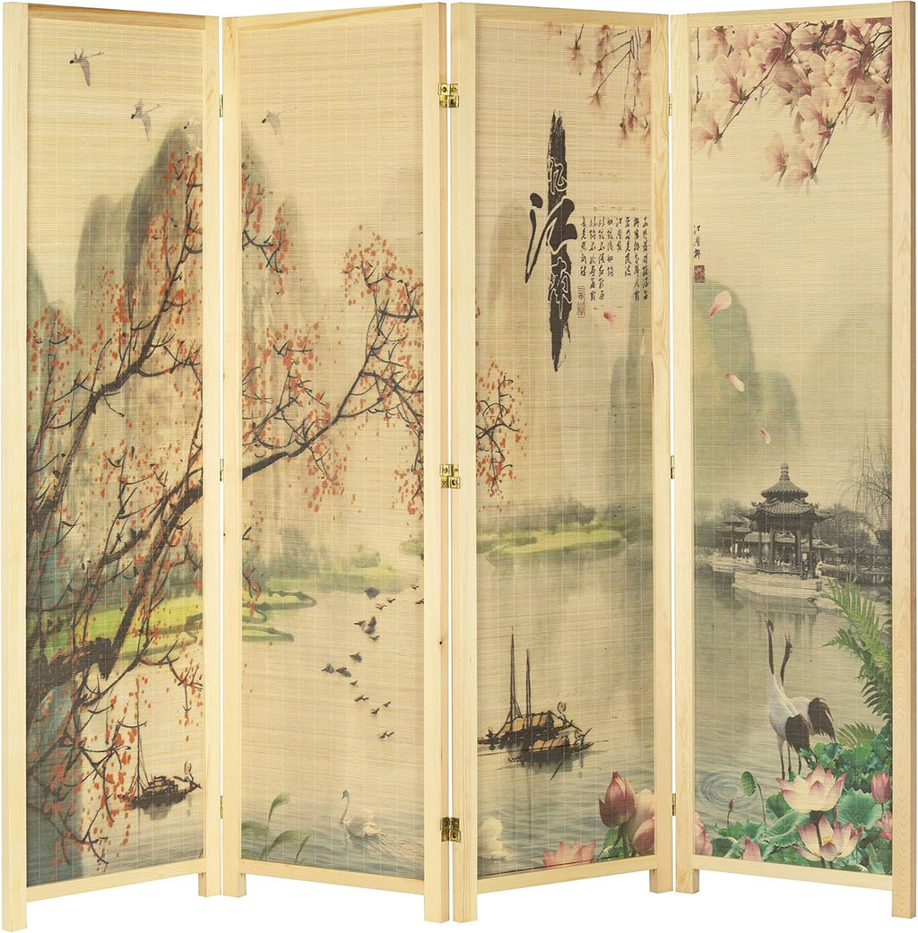 MyGift 4-Panel Folding Bamboo Room Divider Asian-Inspired Cherry Blossom Scene, 6 FT Freestanding Floral Artwork Room Partitioner with Beige Wood Frame
